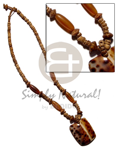 rectangular 45mmx35mm cowrie tiger pendant in 4-5mm coco Pokalet.  horn & palmwood beads accent - Home
