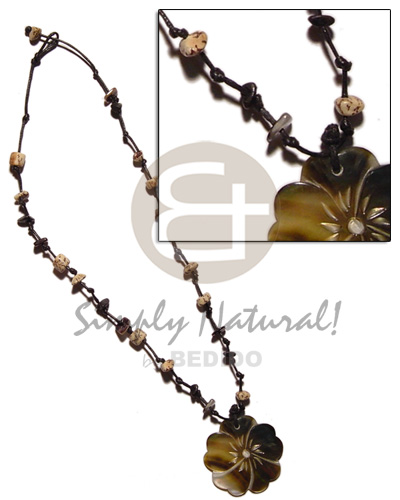 35mm blacklip flower in knotted wax cord  buri seed beads & shell accent - Home