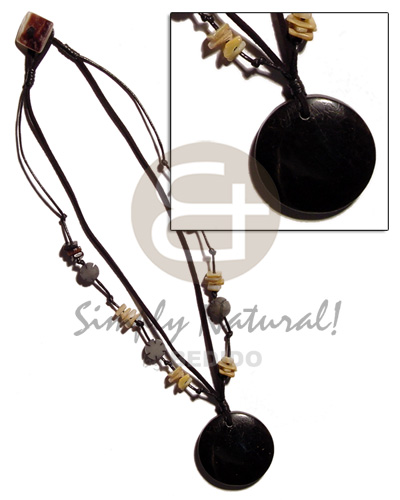 round 40mm blacktab shell cracking  resin backing in 2 rows leather & wax cord  buri & shell beads accent - Home