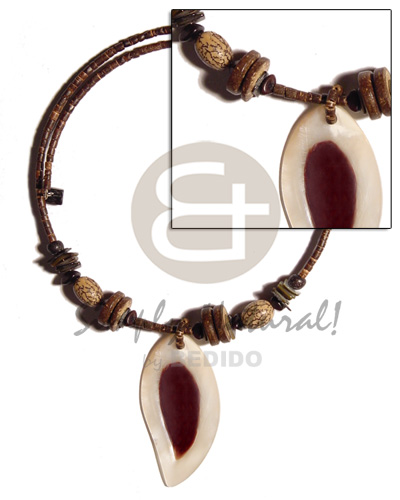 50mm teardrop hammershell  skin pendant combination in choker wire 2-3 heishe nat. brown coco  shell & buri beads accent - Home