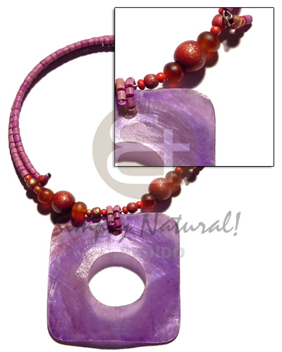 lavender 45mmx45mm rectangular hammershell in choker wire lavender 2-3mm coco heishe  horn and wood bead accent - Home