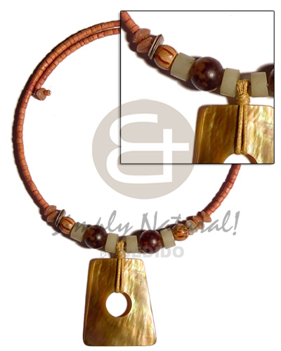 tan 2-3mm coco heishe wire choker  buri & wood beads accent & brownlip pendant - Home