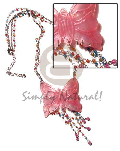 tassled 50mm pink butterfly hammershell pendant in metal chain & metal looping  glass beads accent - Home