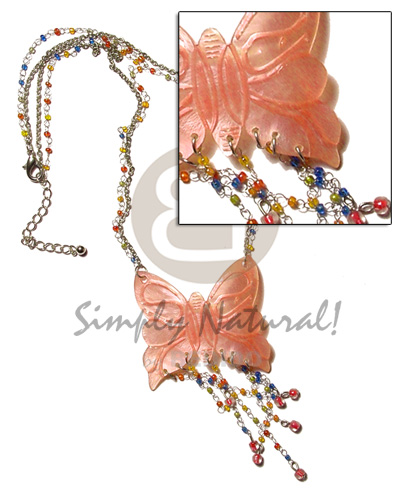 tassled orange 50mm butterfly hammershell pendant in metal chain & metal looping  glass beads accent - Home