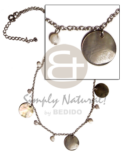 dangling 20mm round blacklip shell & shell beads in  metal chain - Home