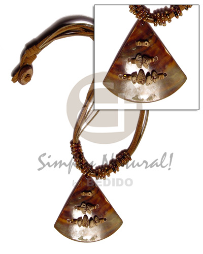 pie cut brown lip 45mm pendant  buri seed accent 4 layer wax & leather thong, glass beads combination - Home