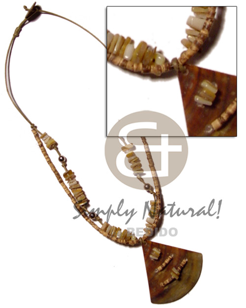 45mm brownlip pie cut  pendant  gold lip accent in 2 rows gold lip & 2-3mm coco heishe tiger in wax cord - Home