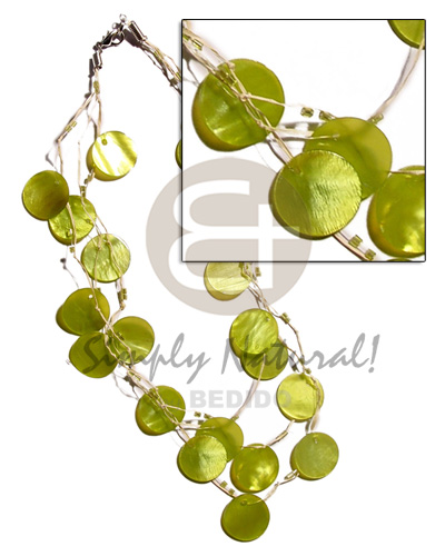 3 rows raffia in graduated length  21 pcs. round 18mm lime green hammershell  and glass beads accent - Home