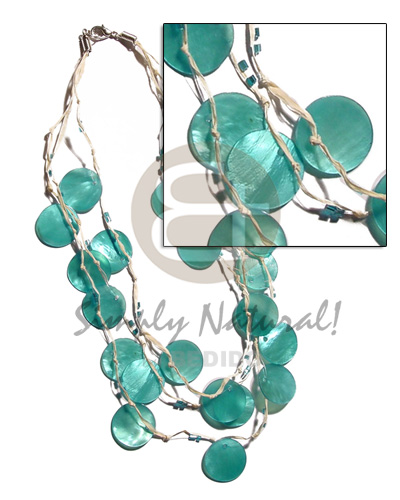 3 rows raffia in graduated length  21 pcs. round 18mm aqua blue hammershell  and glass beads accent - Home