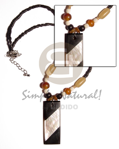 2-3mm black coco plt.  bone & horn beads and 50mmx20mm inlaid back to back MOP & black resin pendant - Home