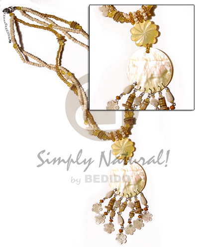 3 rows 2-3mm coco Pokalet. bleach & glass beads  dangling 25mm MOP flower, 40mm MOP round pendant  looped shell beads tassles and 10mm hammershell flower tips - Home