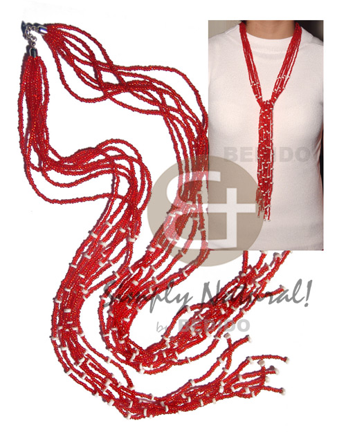 scarf necklace - 7 rows red glass beads  tassled white clam / 36 in. - Home
