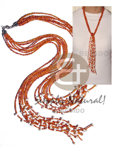 scarf necklace - 7 rows orange glass beads  tassled white mongo shells / 36 in. - Home