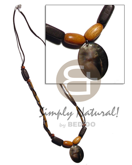 bamboo,wax cord & wood beads combination  30mmx35mm oval blacklip pendant - Home