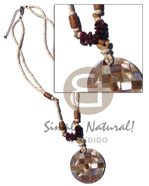 45mm brownlip blocking pendant in 2 rows 2-3mm coco heishe bleach/buri & wood beads combination - Home