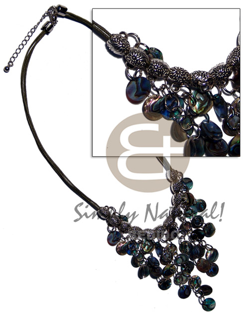 cleopatra- dangling 10mm ( 36pcs.) paua shell  metal  accent in triple black wax cord - Home