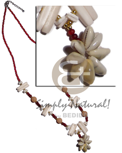 red glass beads  white carabao bone stick, white rose shell, buri beads combination  & dangling sigay flower pendant - Home