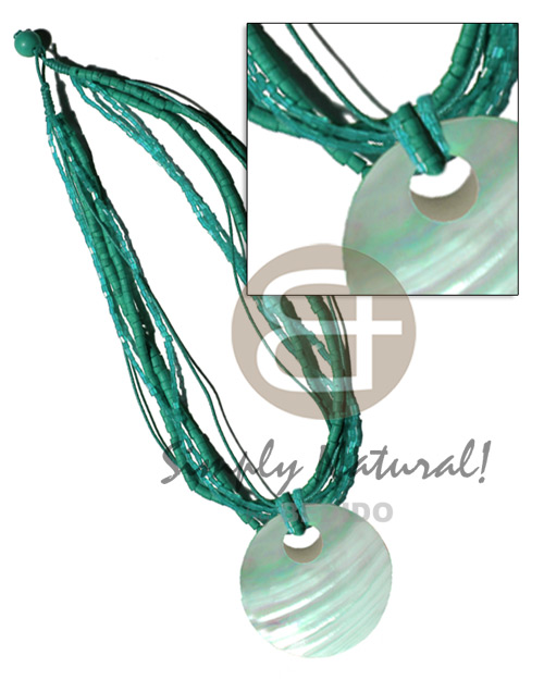 6 rows-2-3mm mint green tones coco heishe, glass beads & wax cord neckline  40mm  round matching kabibe pendant - Home