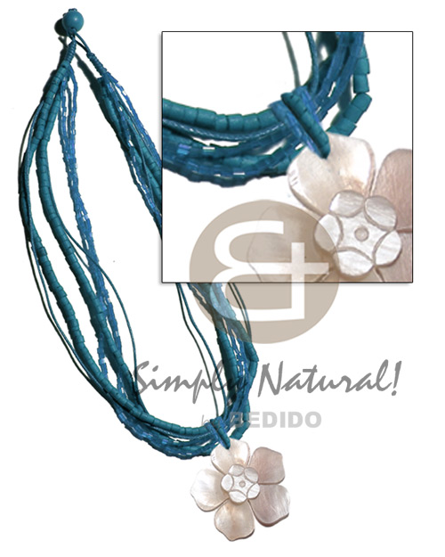 6 rows-2-3mm subdued blue tones coco heishe, glass beads & wax cord neckline  45mm  hammershell flower natural pendant - Home