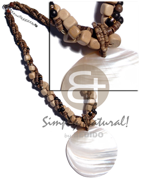 3 rows twisted 7-8mm coco heishe tiger nat. wood beads combination accent and round 80mm kabibe shell pendant / 20 in. - Home