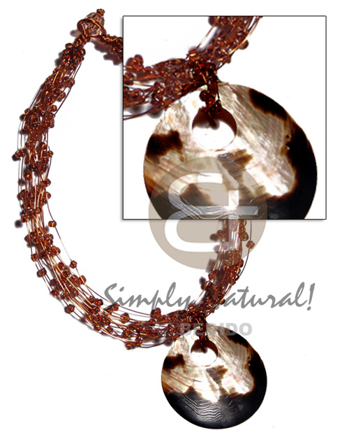 13 rows copper wire choker  brown glass beads & 60mm round brownlip shell pendant - Home