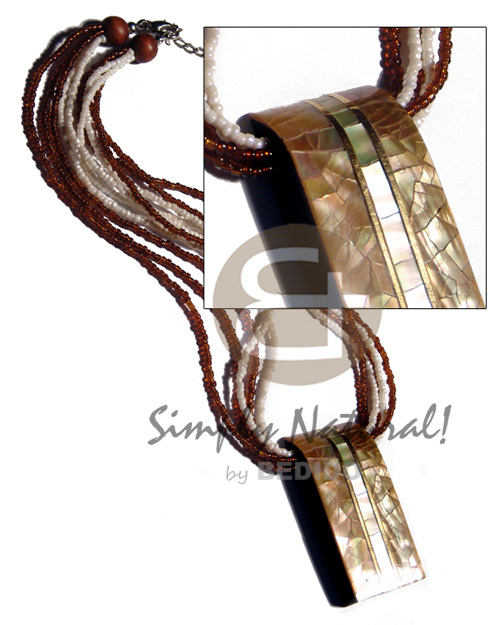 5 layers brown/ beige glass beads  52mmx25mm cracking laminated brownlip/MOP shell  inlaid metal and resin backing pendant - Home