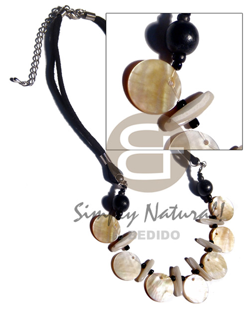 7 pcs. 20mm round MOP  shell sticks combination, glass and wood beads accent on double leather thong - Home