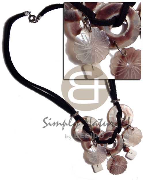 25mm ring hammershells  dangling 20mm hammershell flowers in double leather thong  wood beads accent - Home