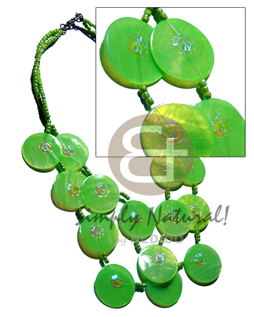 25mm neon green capiz shells in graduated layer 18"/16" ( 16 pcs.)  sequins accent and matching glass beads combination - Home