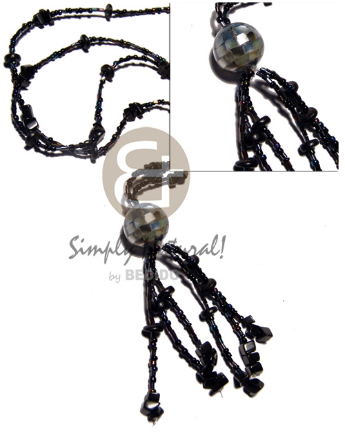 1 layers blackcut and glass beads  tassled 20m round blacklip blocking and blacktab nuggets and 4-5mm black coco Pokalet accent 31in. plus 3in. tassle - Home