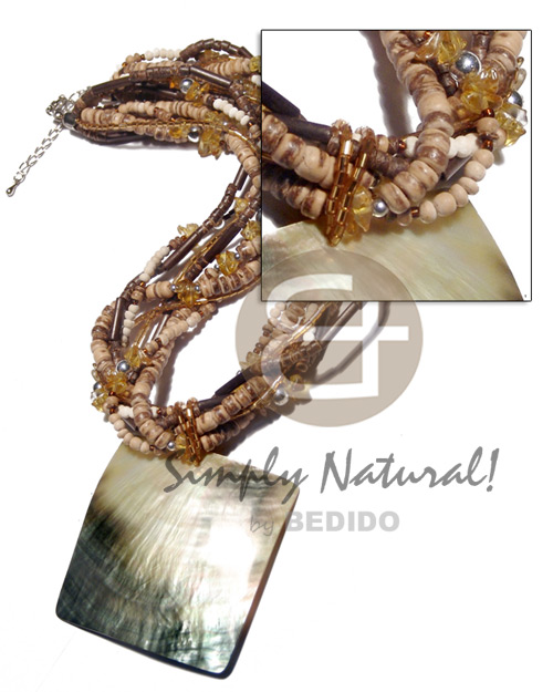 8 layers intertwined cut beads/4-5mm coco Pokalet. tiger/2-3mm coco heishe nat. brown , 2-3mm coco Pokalet. bleach /natural  agsam bamboo & crystal nuggets accent and 60mm square blacklip pendant / 18 in. - Home
