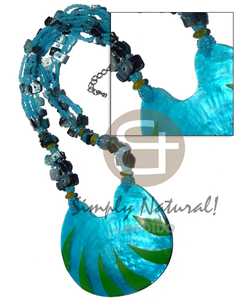 5 layers  glass beads  floating hammershell sq. cut and 75mmx65mm laminated capiz / aqua blue and lime green tones / 16 in. - Home
