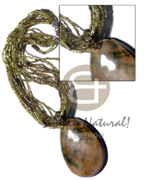 10 rows olive green cut beads  dyed sig-ed accent and 65mmx48mm oval laminated green shell  skin and resin backing - Home