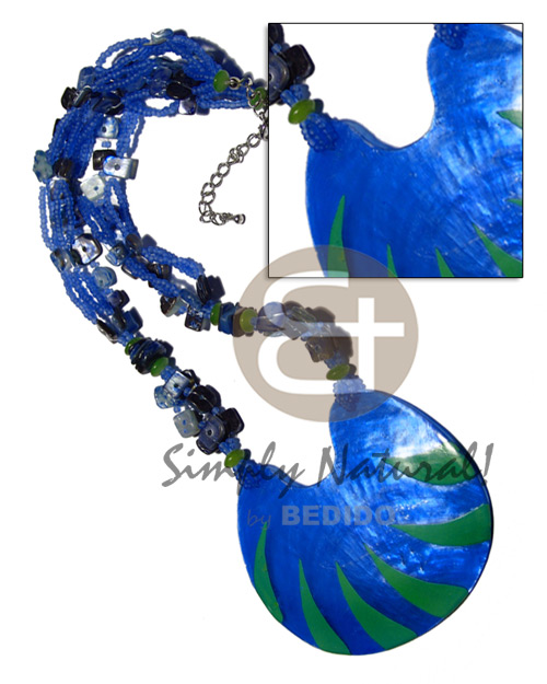 5 layers  glass beads  floating hammershell sq. cut and 75mmx65mm laminated capiz / navy blue and green tones / 16 in. - Home