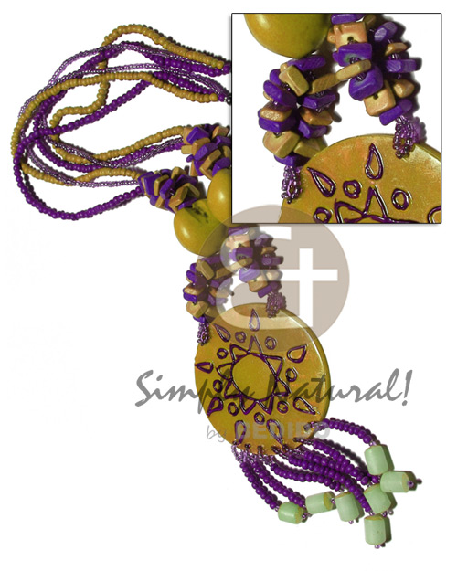 3 layers 2-3mm coco Pokalet  and glass beads  kukui nuts, coco squarecut and tassled buri seeds and 60mm hapdpainted and laminated 60mm capiz shell / mustard and violet tones  / 22in. - Home