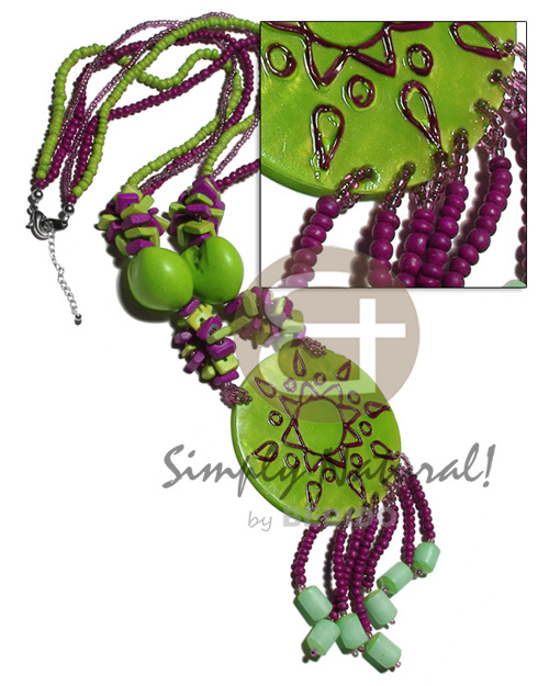 3 layers 2-3mm coco Pokalet  and glass beads  kukui nuts, coco squarecut and tassled buri seeds and 60mm hapdpainted and laminated 60mm capiz shell / lime green and violet tones  / 22in. - Home