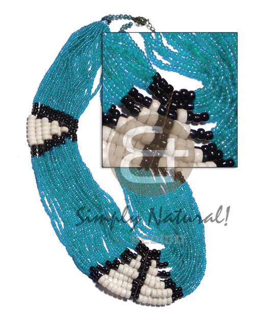 27 rows aqua blue glass beads  black 2-3mm coco Pokalet and white clam combination / 25in. - Home
