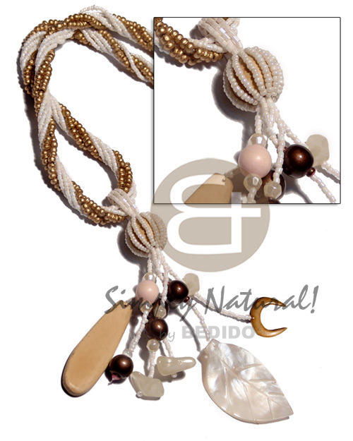 5 layers twisted 2-3mm coco Pokalet in metallic gold, rainbow white glass beads, amber glass beads  tassled wood beads. wood 50mmx15mm surfboard and hammershell 50mmx30mm leaf / 16 in. plus 2.5in. tassles - Home