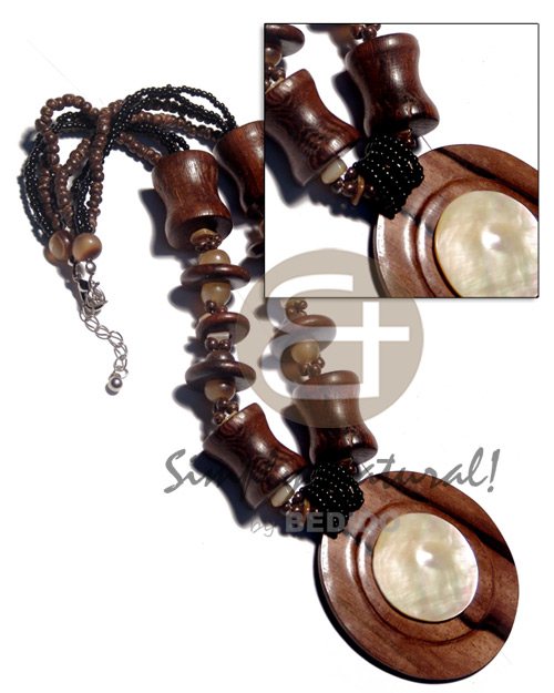 4 layers 2-3mm coco Pokalet. nat brown/black glass beads  22mmx20mm barrel robles wood beads / 20mm robles pokalet saucer and horn beads combination  embossed 60mm round camagong wood tiger   30mm MOP on top / 16in - Home