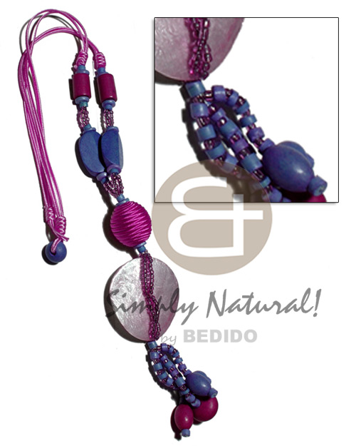 tassled 2 layers satin cord  glass and wood beads, 7-8mm coco Pokalet, 2-3mm coco heishe, oval 25mmx20mm wrapped wood beads & 45mm round laminated capiz / dark magenta and medium blue tones / 22in. plus 2in tassles - Home