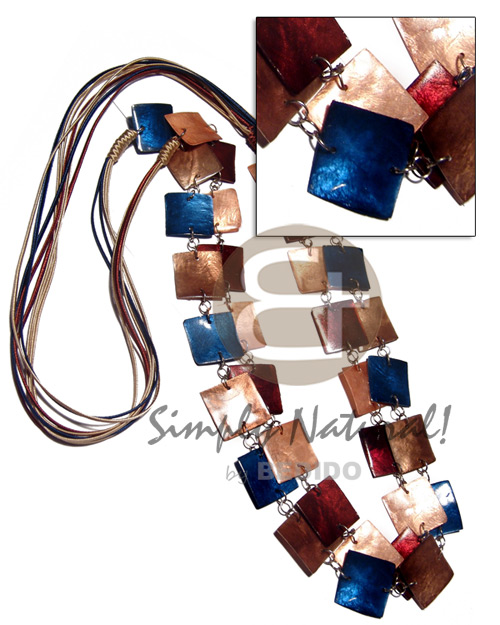 6 layers satin cord    double row 34 pcs. square 25mm laminated capiz in metal rings/  40in / in copper, dark blue and maroon tones - Home