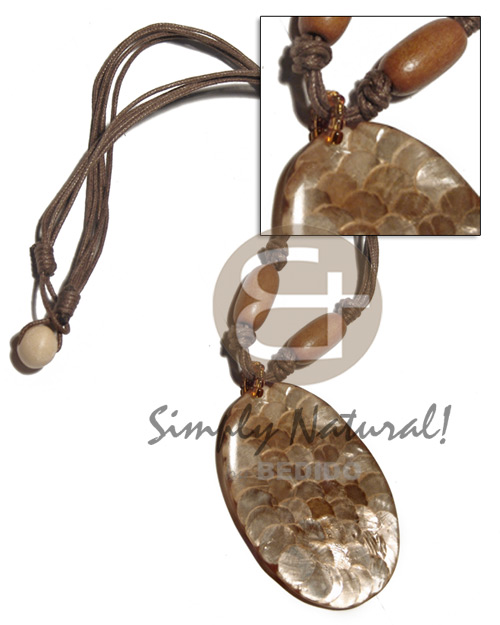 5 layers wax cord  bayong wood beads and  65mmx45mm laminated in resin capiz circles in oval pendant / brown tones / 18in - Home