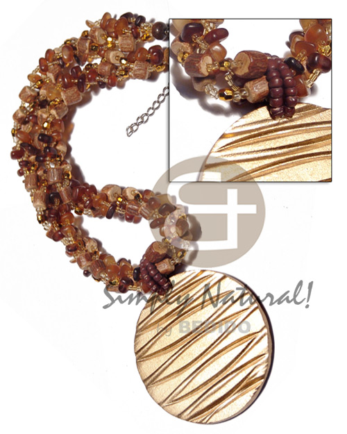 4 layers twisted glass and metallic beads  amber horn nuggets and wood beads combination and 65mm round wood in metallic gold pendant /18in - Home