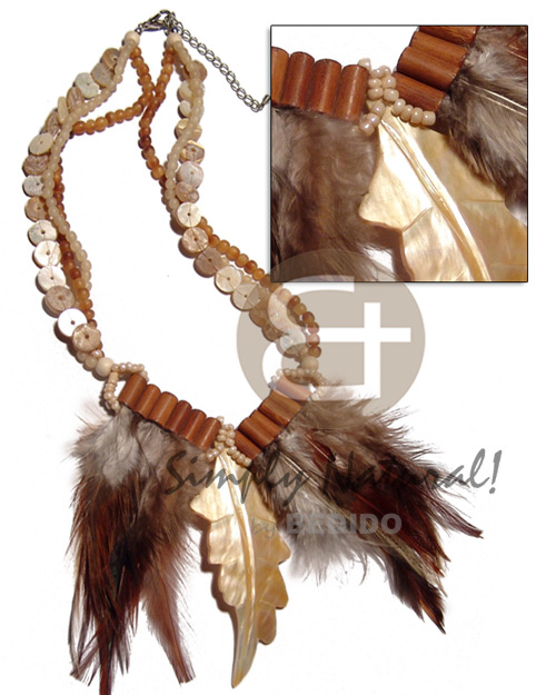 3 layers horn beads and floating shell heishe  feather on bamboo tube and 80mmx35mm MOP leaf pendant / 16in - Home