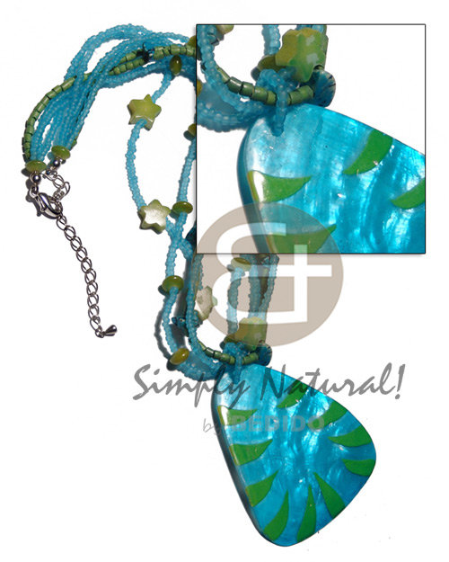 4 layers matte plastic beads, 2-3mm coco heishe combination   60mmx50mm handpainted & laminated capiz pendant /aqua  and chartreuse combination / 16in. - Home