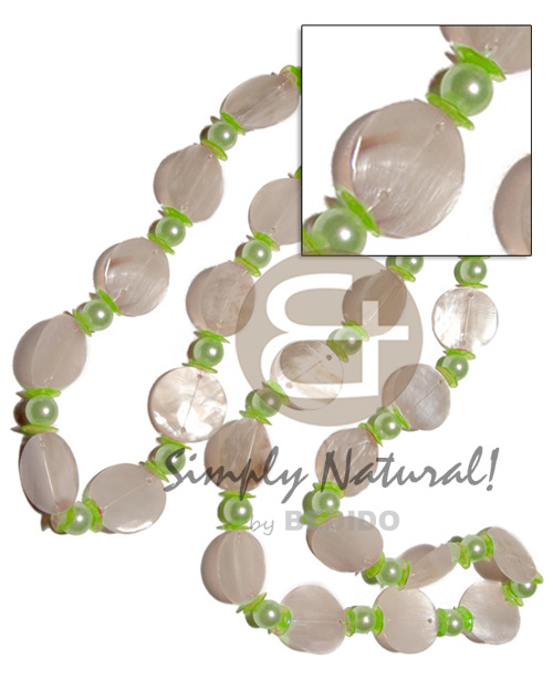 27 pcs. single row 25mm nat. white round hammershells  lime green pearl beads and accent / 38in - Home