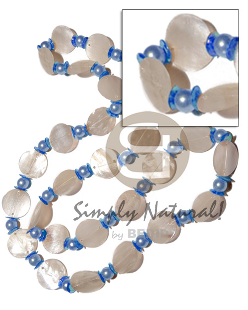 27 pcs. single row 25mm nat. white round hammershells  bllue tones pearl beads and sequins accent / 38in - Home