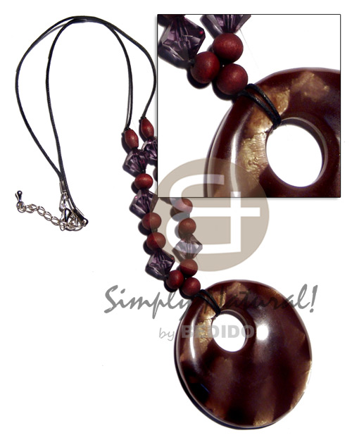wax cord  acryclic crystals , 10mm nat. wood beads in brown  70mm round marbled resin  capiz chips pendant / 20in - Home