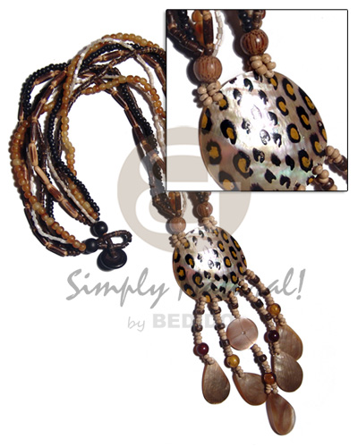 5 layers sig-ed2-3mm black.brown coco Pokalet/heishe,cut beads, horn beads combination  tassled 45mm round brownlip  anilmal print and dangling 30mm20mm  teardrop brownlip shels / 22 in. plus 2in. tassles - Home