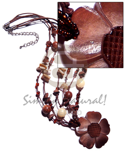 3 rows brown wax cords  buri seeds and shells chips accent and 40mm reddish brown hammershell flower  groove nectar - Home